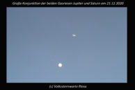 Jupiter und Saturn in Konjunktion am 21.12.2020. Aufgenommen mit der Canon EOS 7D am C11 bei 2500 mm