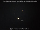 Konjunktion zwischen Jupiter und Saturn am 21.12.2020. Aufgenommen mit einem Maksutov-Cassegrain 90 mm Öffnung mit 1200 mm Brennweite. Das Bild ist eine Einzelaufnahme einer Videosequenz